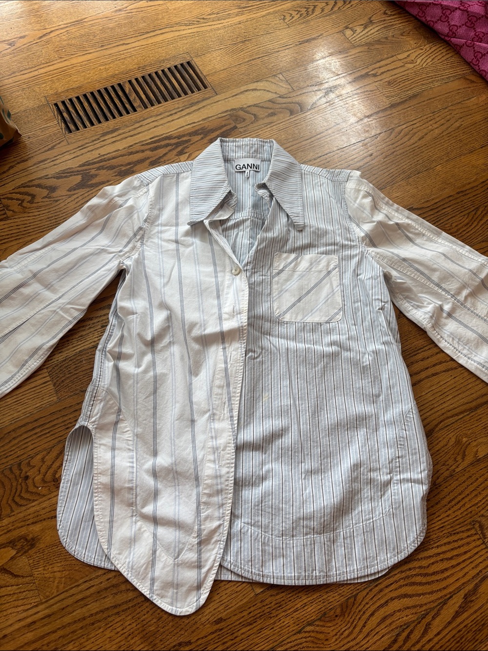 Ganni White Shirt with Light Blue Pinstripes